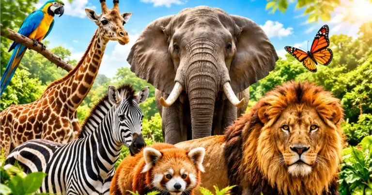 Animal fun facts for kids with elephant, giraffe, zebra, lion, red panda, parrot and butterfly