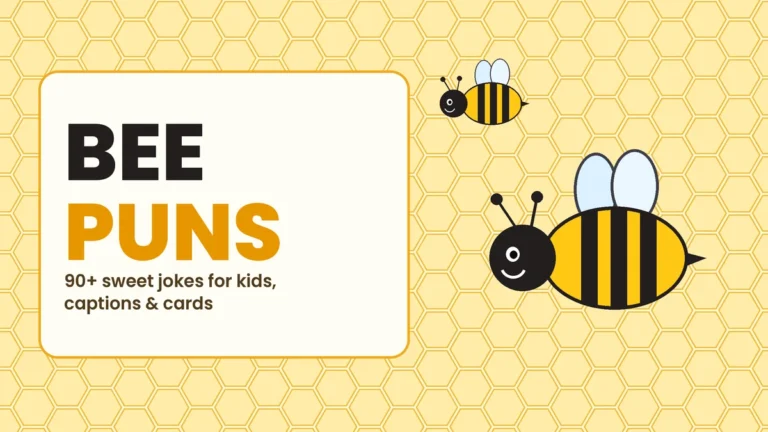Two cartoon bumblebees on a honeycomb background next to the words Bee Puns, 90+ sweet jokes for kids, captions and cards