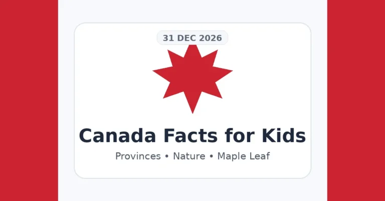 Canada facts for kids graphic with a red maple leaf and educational title