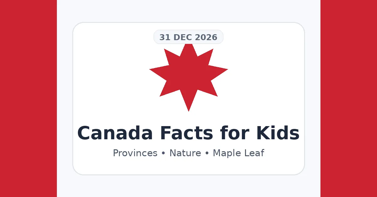Canada facts for kids graphic with a red maple leaf and educational title