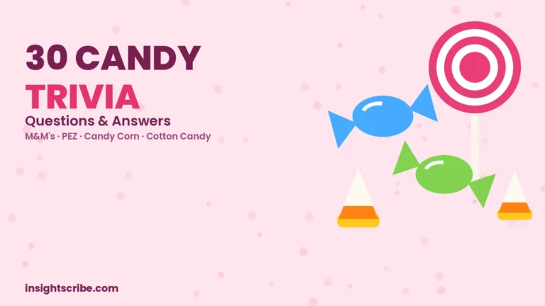 Illustrated wrapped candies, a lollipop and candy corn on a pink background, title: 30 Candy Trivia Questions