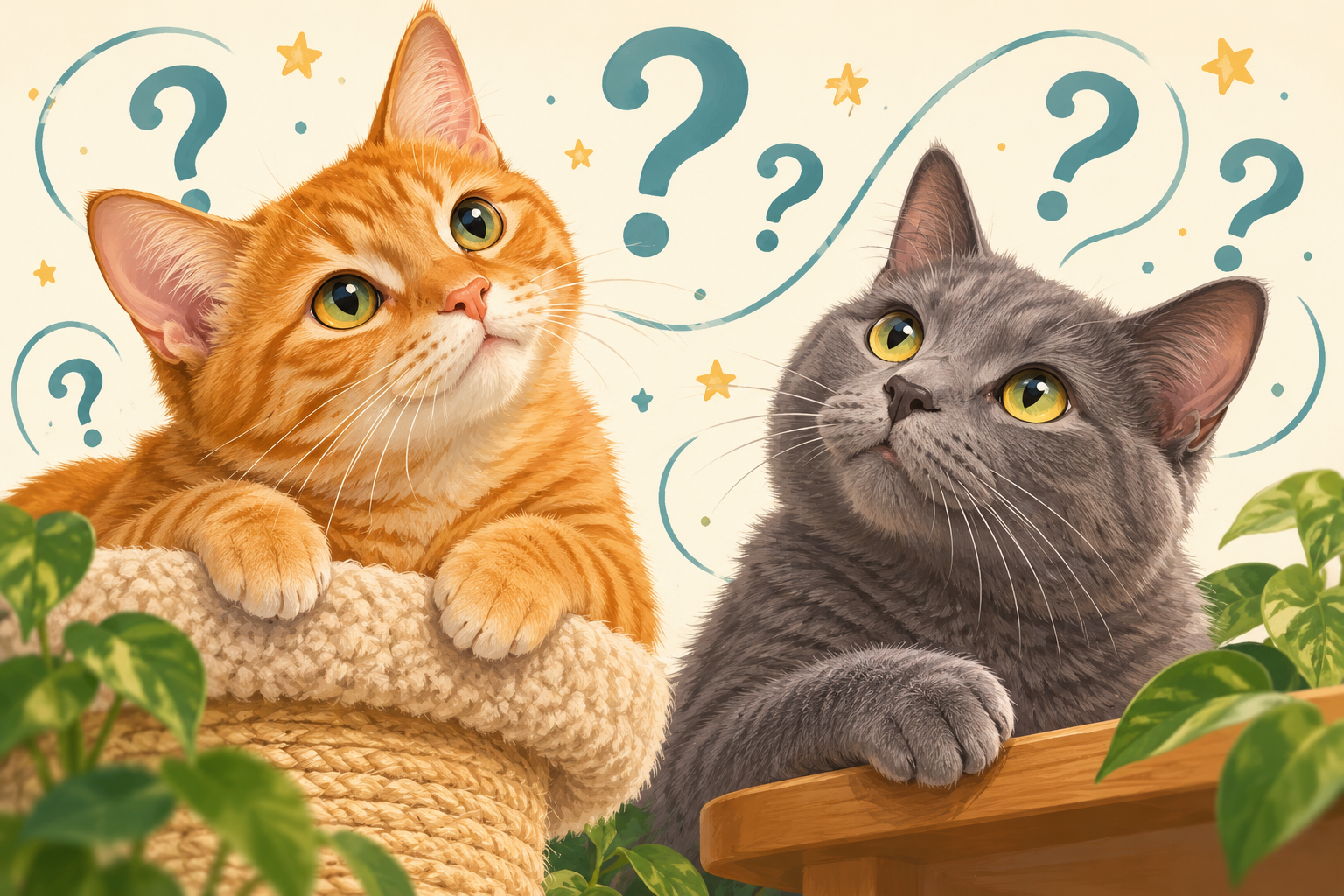 An orange tabby and gray cat in a playful original illustration for the cat trivia quiz.
