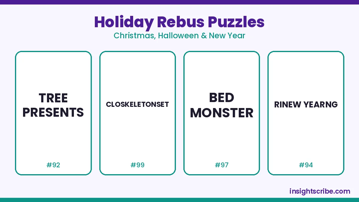 Christmas and Halloween rebus puzzles: four holiday word puzzle cards with answers below