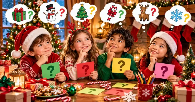Kids solving festive Christmas riddles with holiday decorations and clue cards