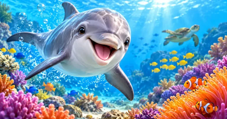 Smiling dolphin swimming through a colorful underwater coral reef