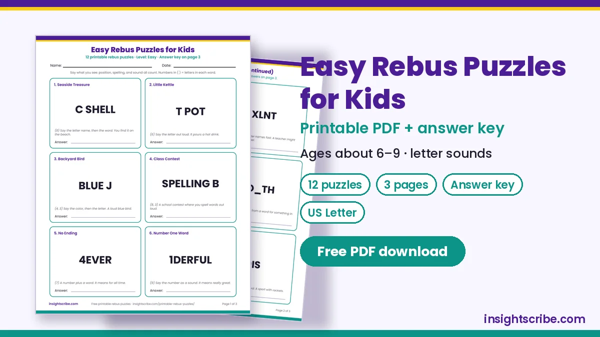 Easy rebus puzzles for kids printable PDF: page 1 worksheet preview with answer lines