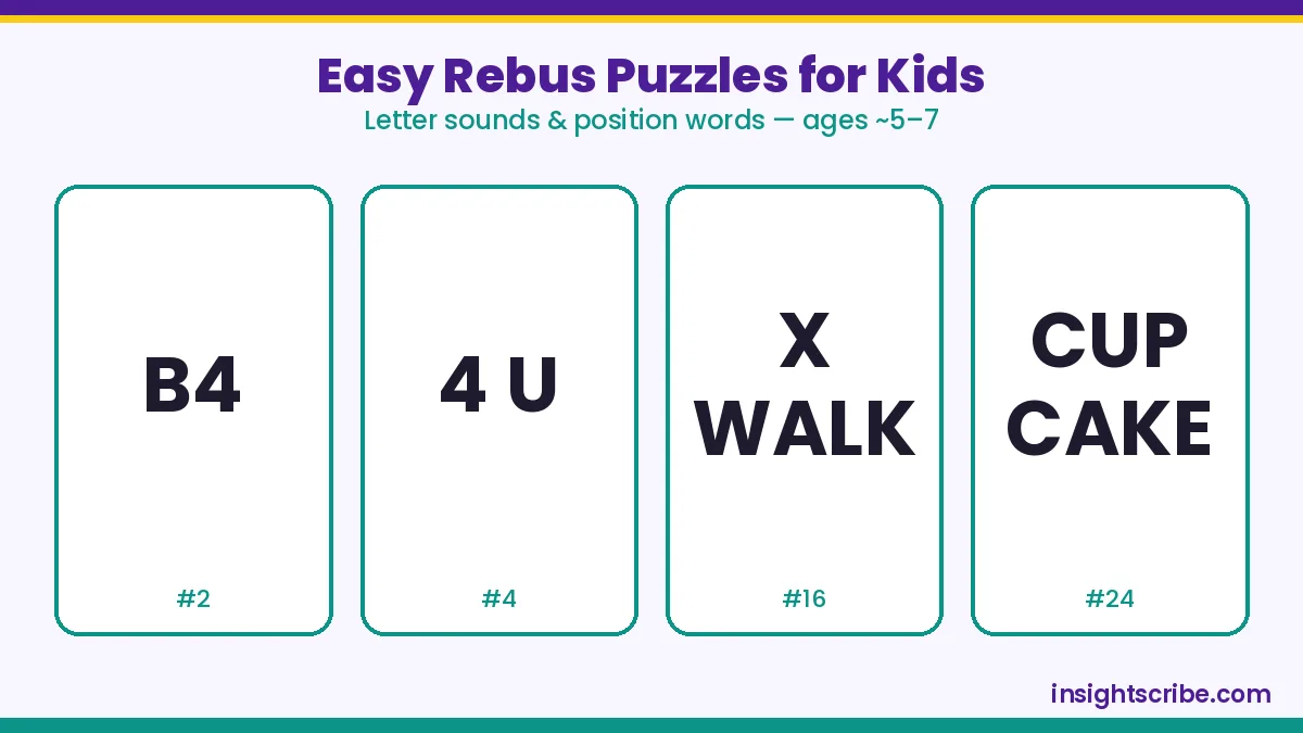 Easy rebus puzzles for kids: four letter-sound and position word puzzle cards