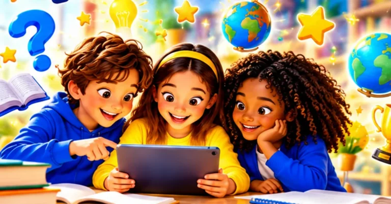 Kids exploring fun facts with books, a tablet, globe, question mark and learning icons