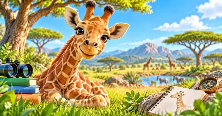 Friendly giraffe in a sunny savanna beside books and binoculars