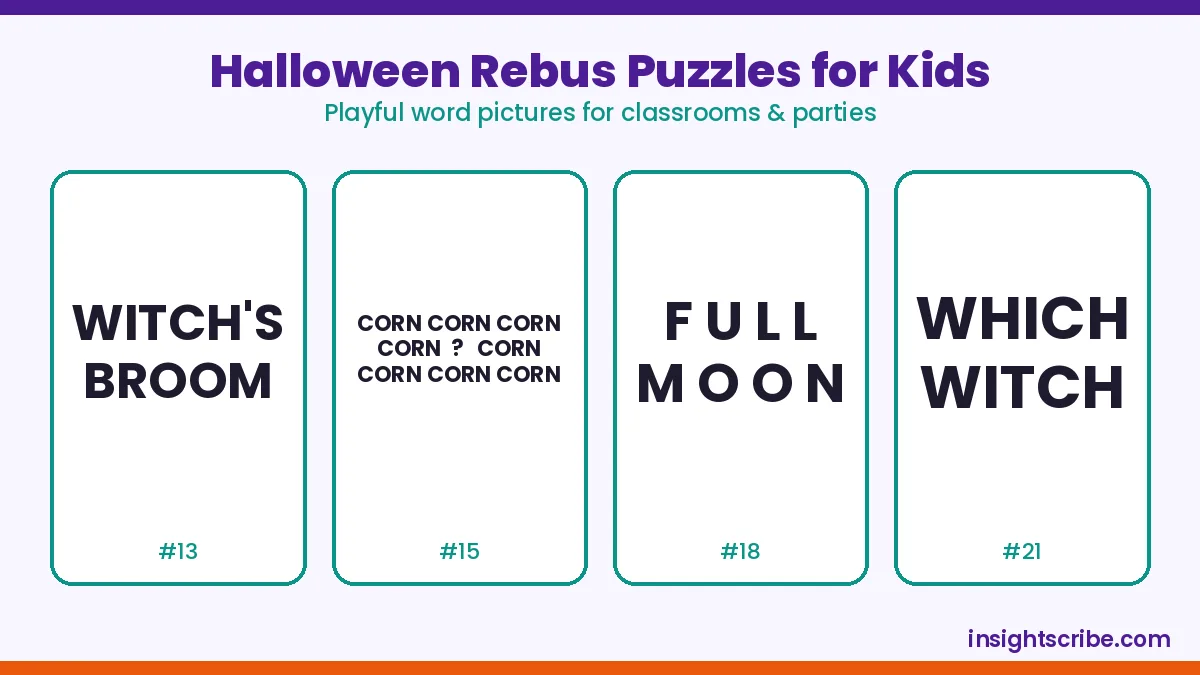 Halloween rebus puzzles for kids: four playful word puzzle cards