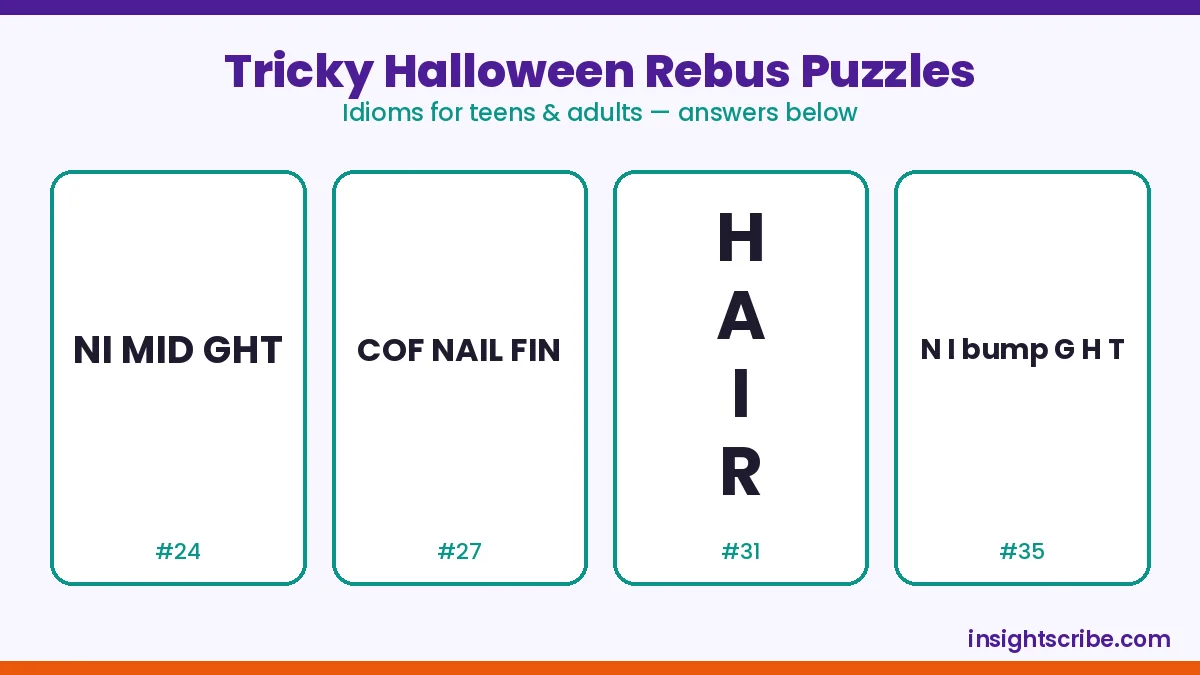 Tricky Halloween rebus puzzles for adults: four idiom word puzzle cards