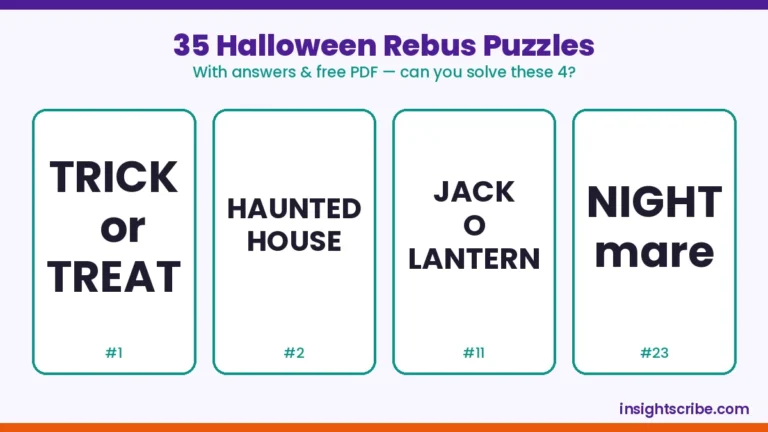 Halloween rebus puzzles with answers: four spooky word puzzle cards to solve