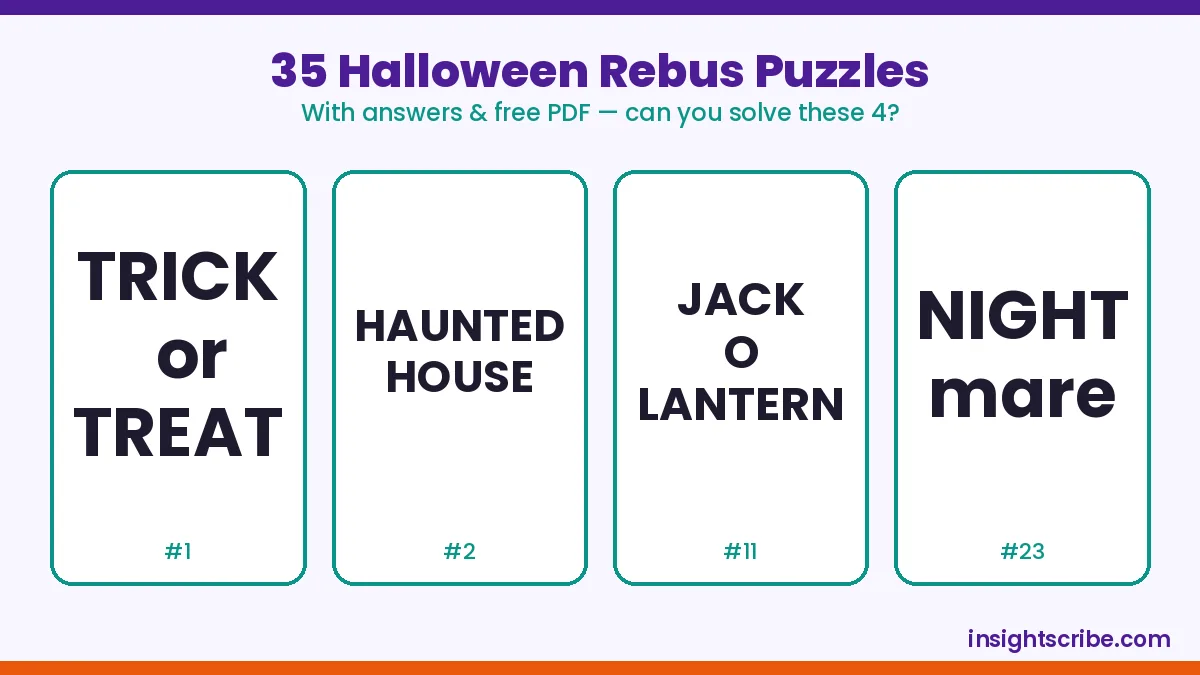 Halloween rebus puzzles with answers: four spooky word puzzle cards to solve