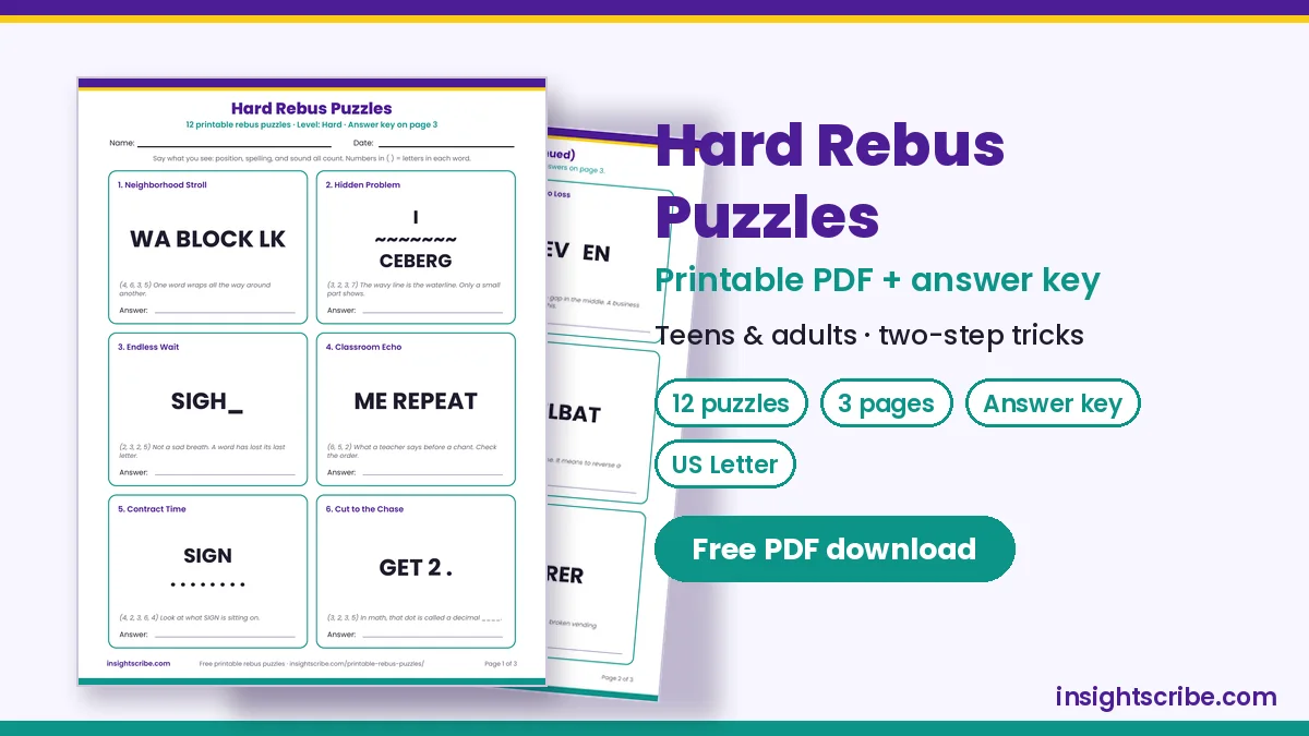 Hard rebus puzzles printable PDF: page 1 worksheet preview with write-in lines
