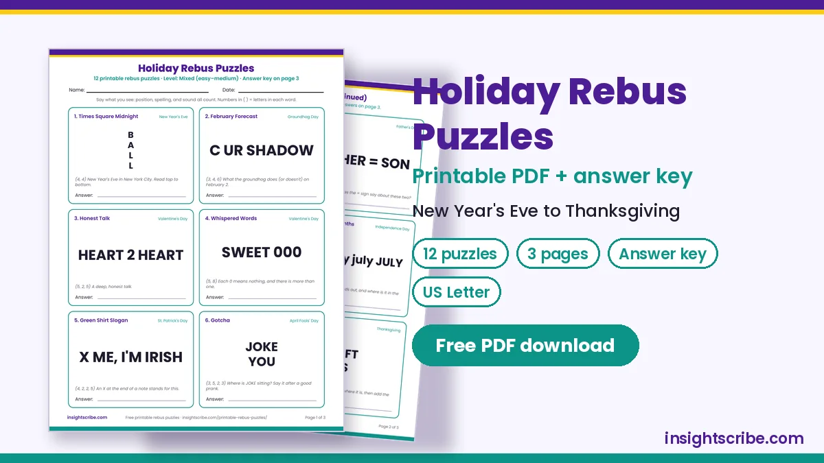 Holiday rebus puzzles free printable PDF: page 1 preview, New Year's Eve to Thanksgiving