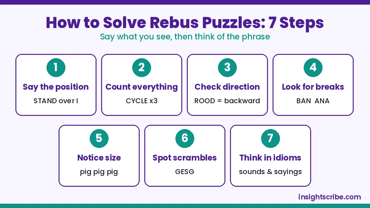 How to solve rebus puzzles: 7 steps infographic with mini examples
