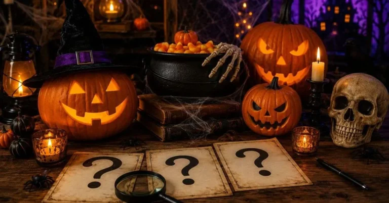 Halloween-themed scene for spooky trivia questions