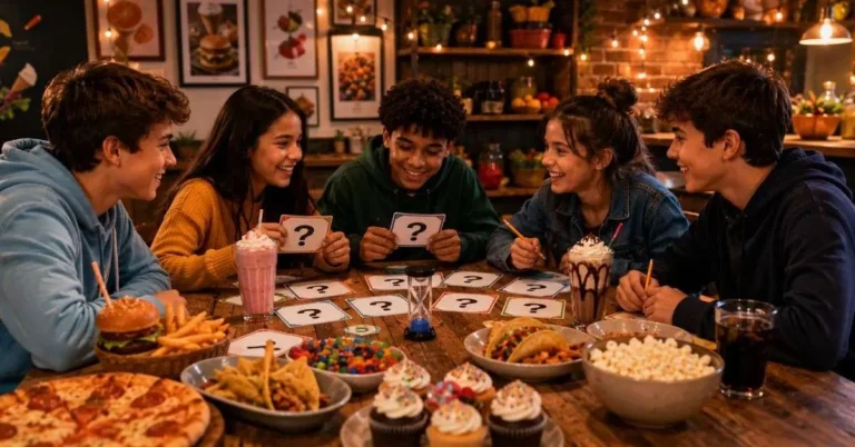 Food-themed quiz scene for teen trivia questions