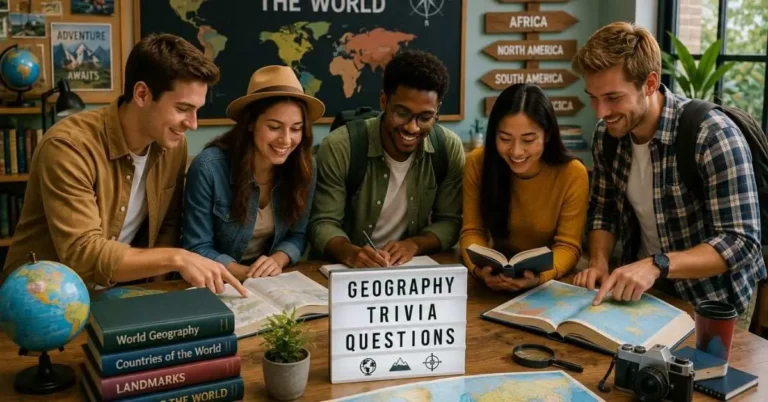 World map and geography elements for geography trivia