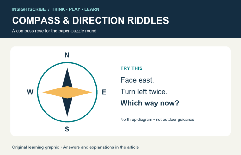 Original compass-rose diagram with north, east, south and west and a direction challenge