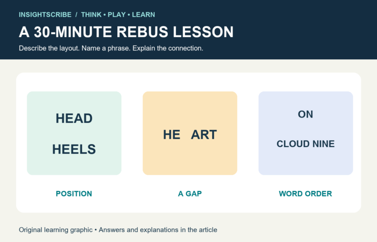 Original rebus lesson board with HEAD above HEELS, a split HEART and ON above CLOUD NINE, labeled as three practice examples