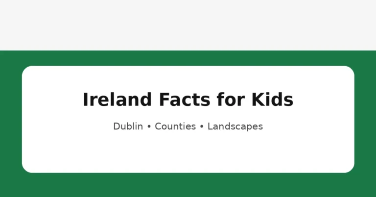 Ireland facts for kids educational graphic about Dublin, counties and green landscapes