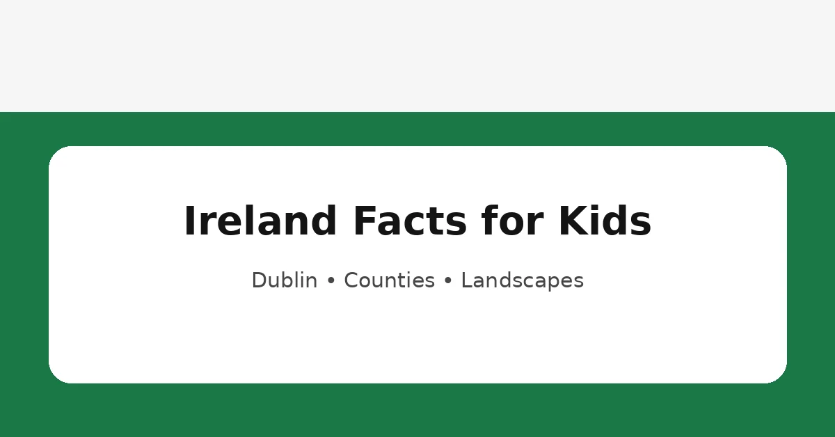 Ireland facts for kids educational graphic about Dublin, counties and green landscapes