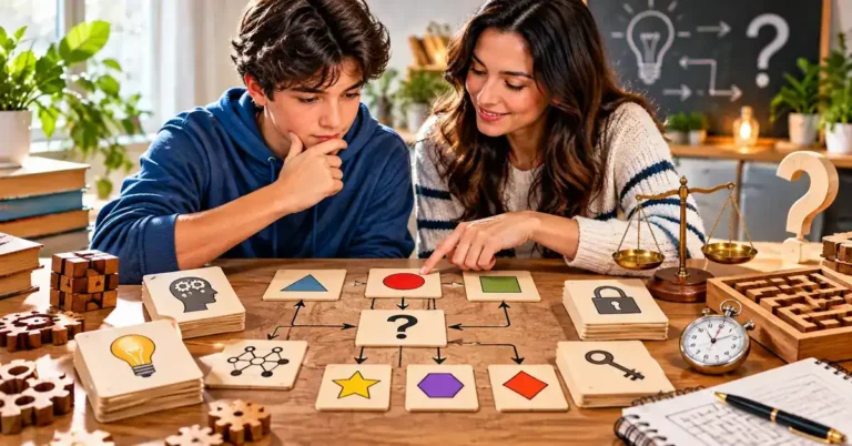 A logic puzzle scene with clue cards, symbols, and problem-solving tools