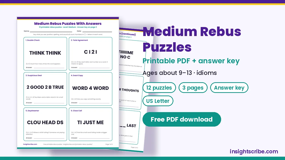Medium rebus puzzles with answers PDF: page 1 worksheet preview with letter-count hints