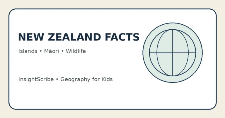 New Zealand facts for kids educational graphic about islands, Māori culture and wildlife