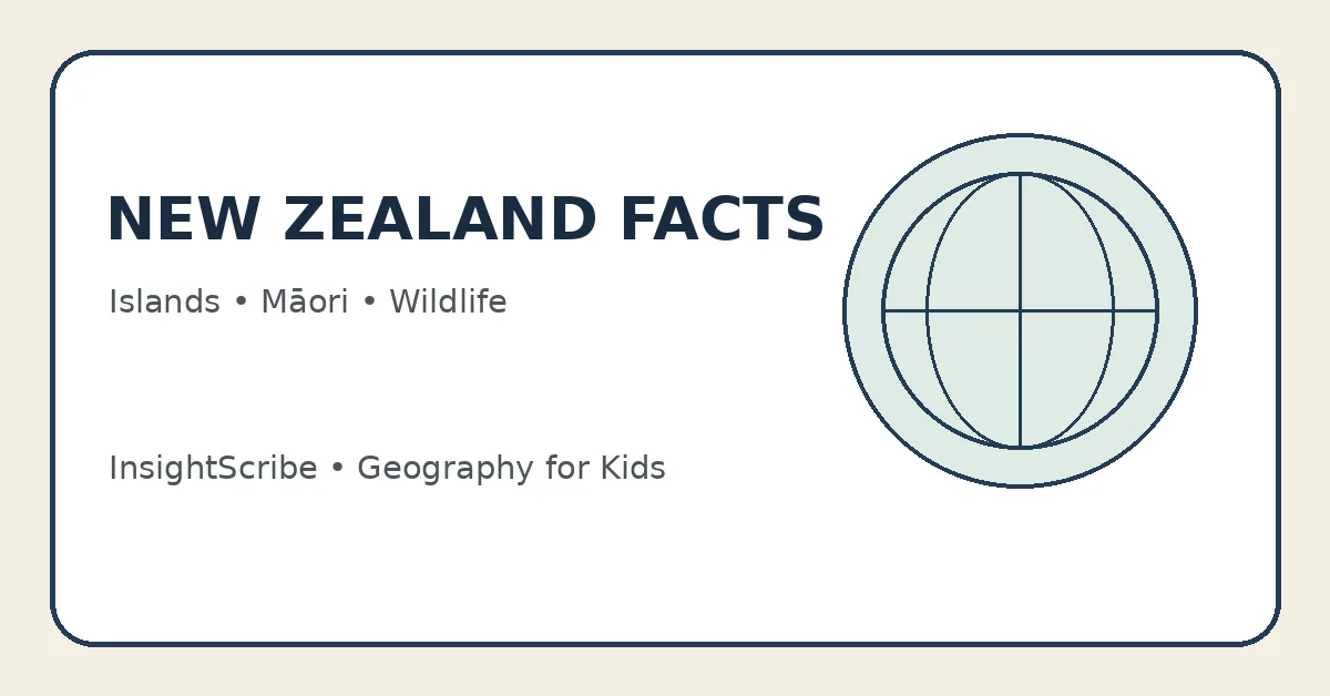 New Zealand facts for kids educational graphic about islands, Māori culture and wildlife