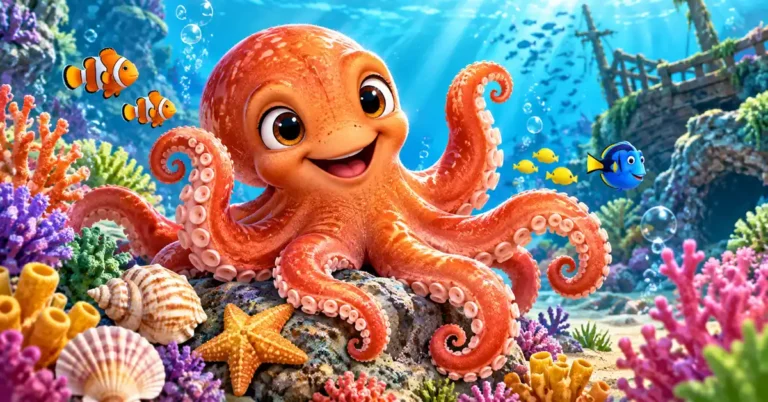 Orange octopus among coral, tropical fish and seashells