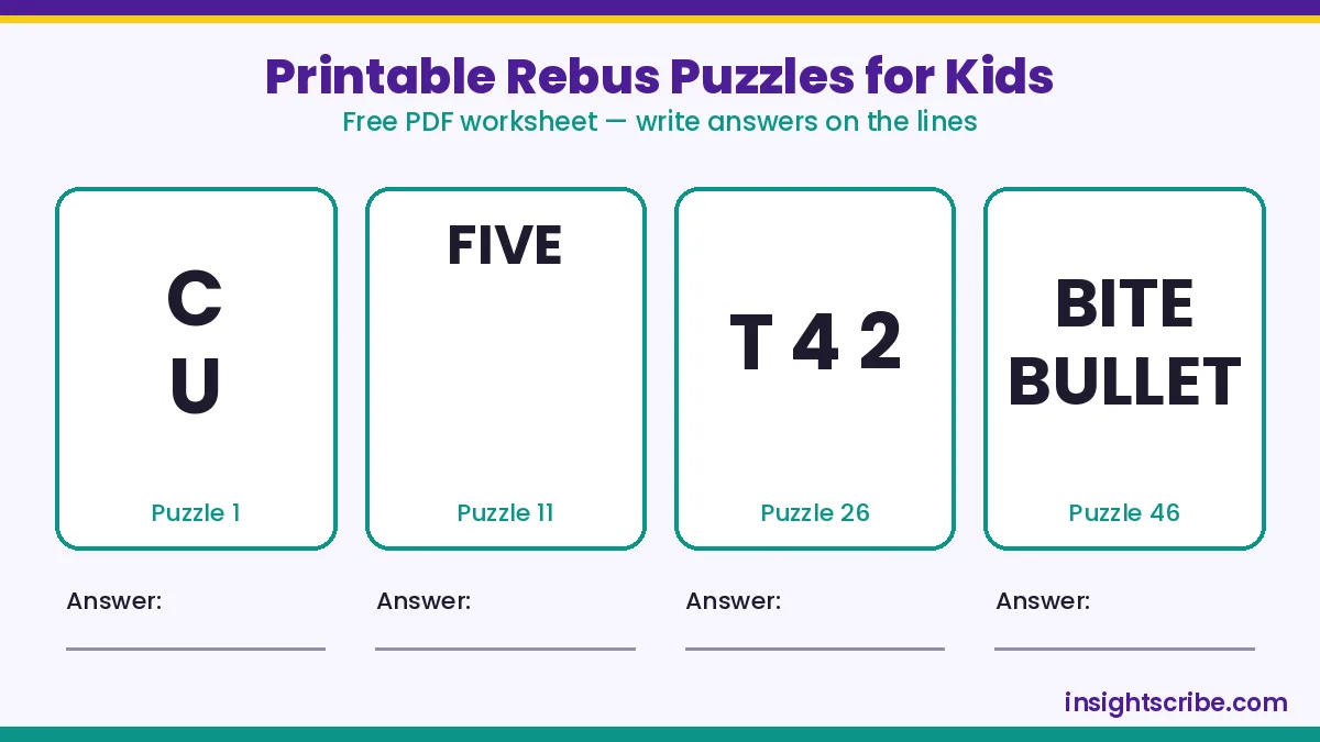 Printable rebus puzzles for kids PDF worksheet preview with write-in answer lines