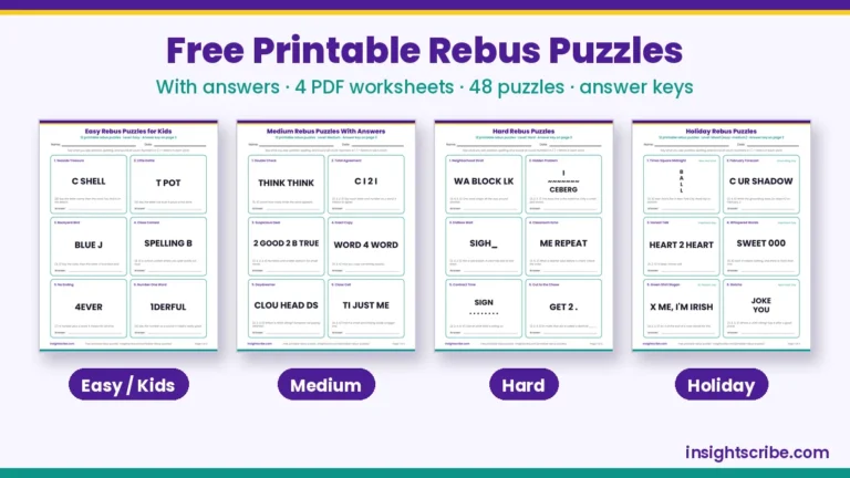 Rebus puzzles with answers PDF: four free printable worksheet packs with answer keys