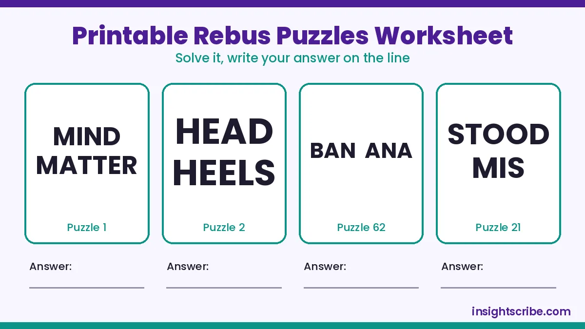 Printable rebus puzzles worksheet with answer lines