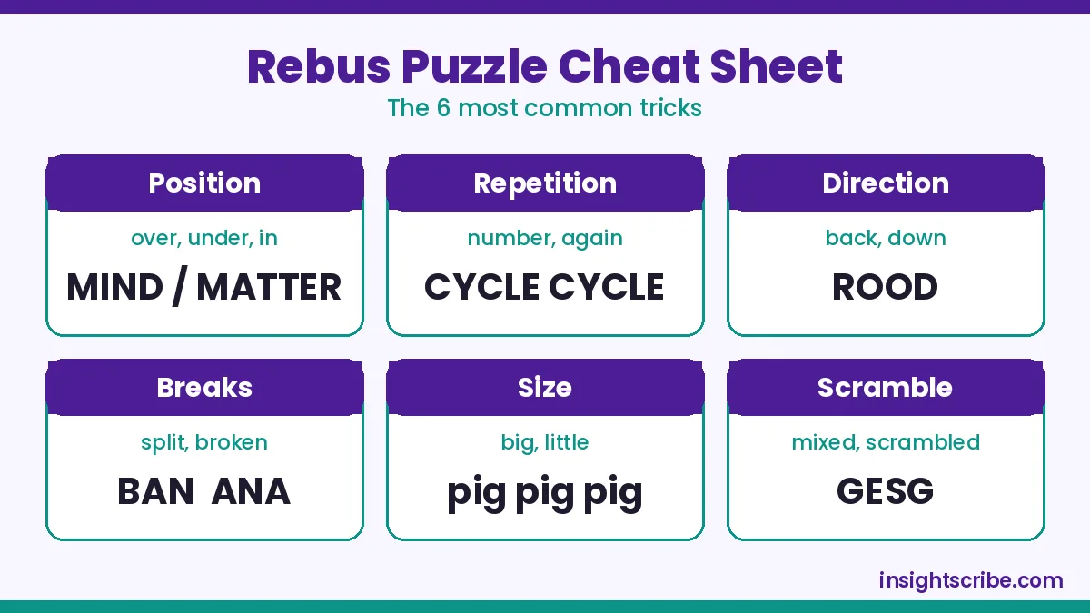 Rebus puzzle cheat sheet showing position, repetition, direction, breaks, size and scramble tricks