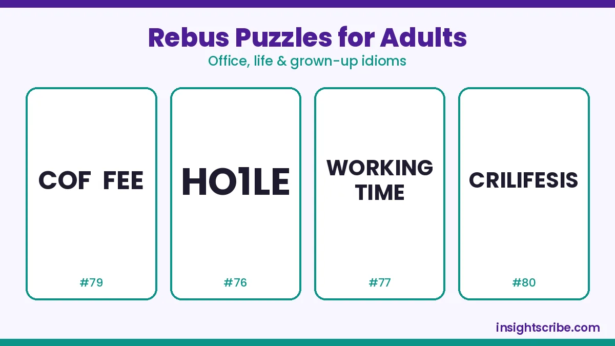 Rebus puzzles for adults: four word puzzle cards with answers below