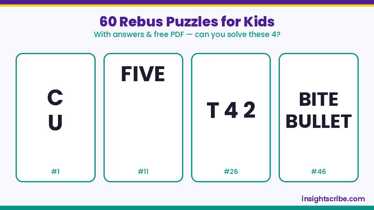 Rebus puzzles for kids with answers: four easy word puzzle cards to solve