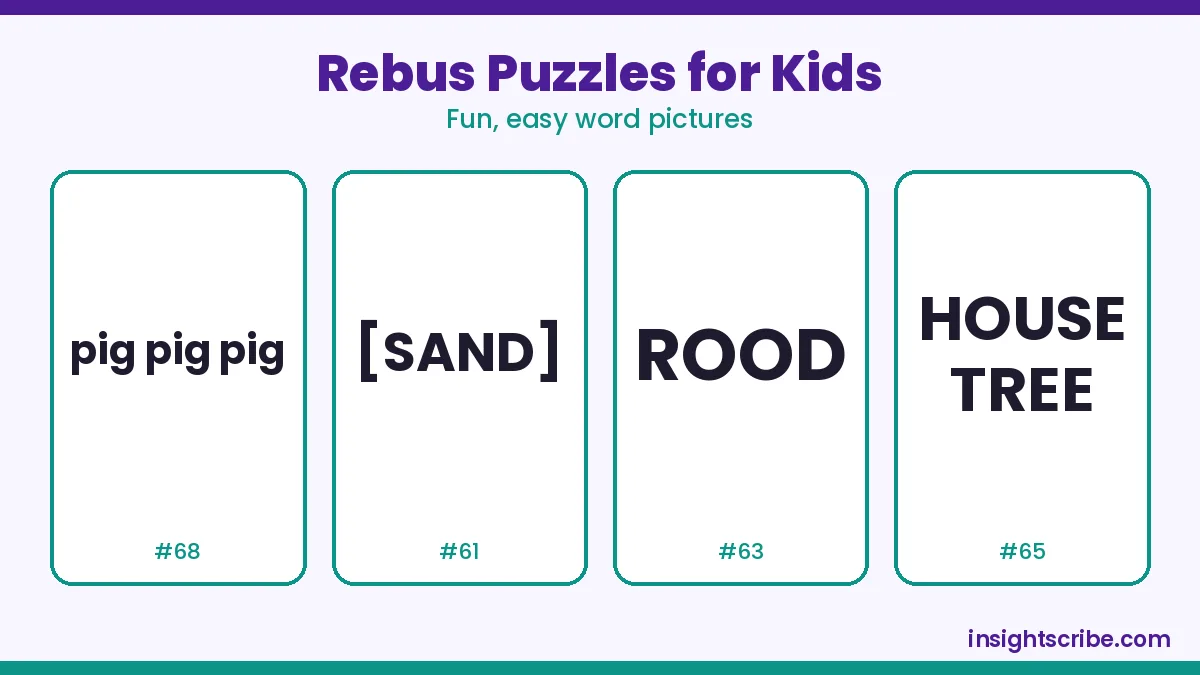 Rebus puzzles for kids: four picture word puzzles with answers below