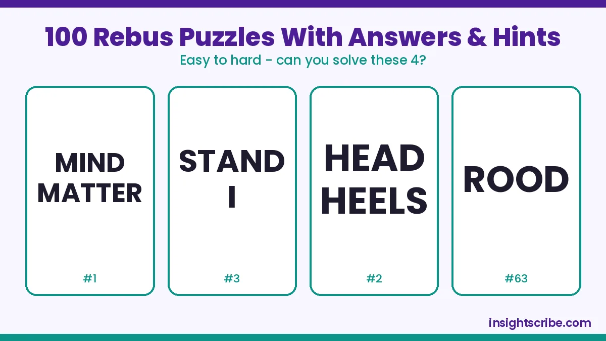 Rebus puzzles with answers: four word puzzle cards to solve, answers hidden in the article