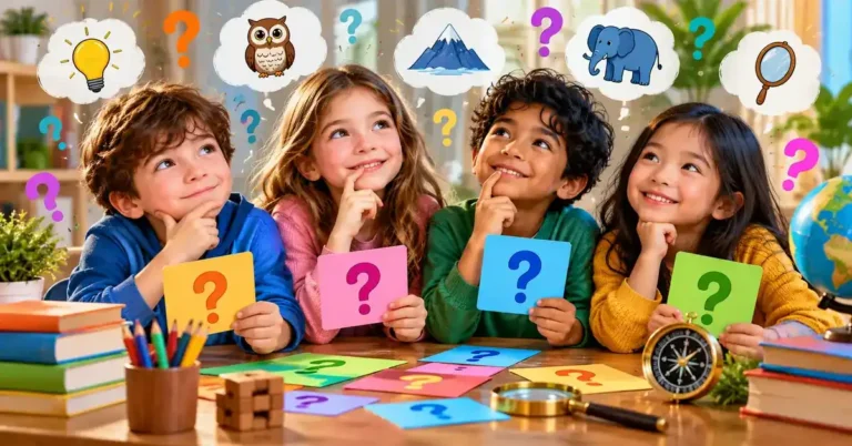 Kids thinking through colorful riddles and clue cards