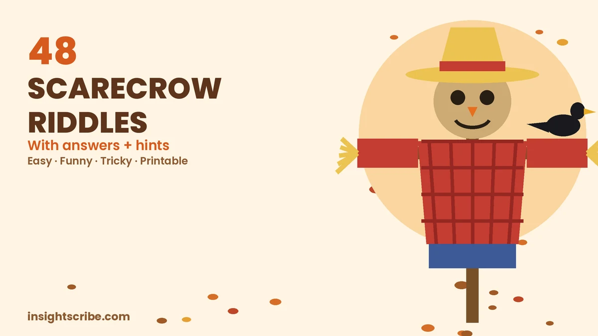 Cartoon scarecrow in a straw hat and red plaid shirt with a crow on its arm, next to the title 48 Scarecrow Riddles