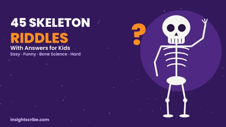 Cartoon skeleton waving next to a question mark on a purple Halloween background, title: 45 Skeleton Riddles With Answers