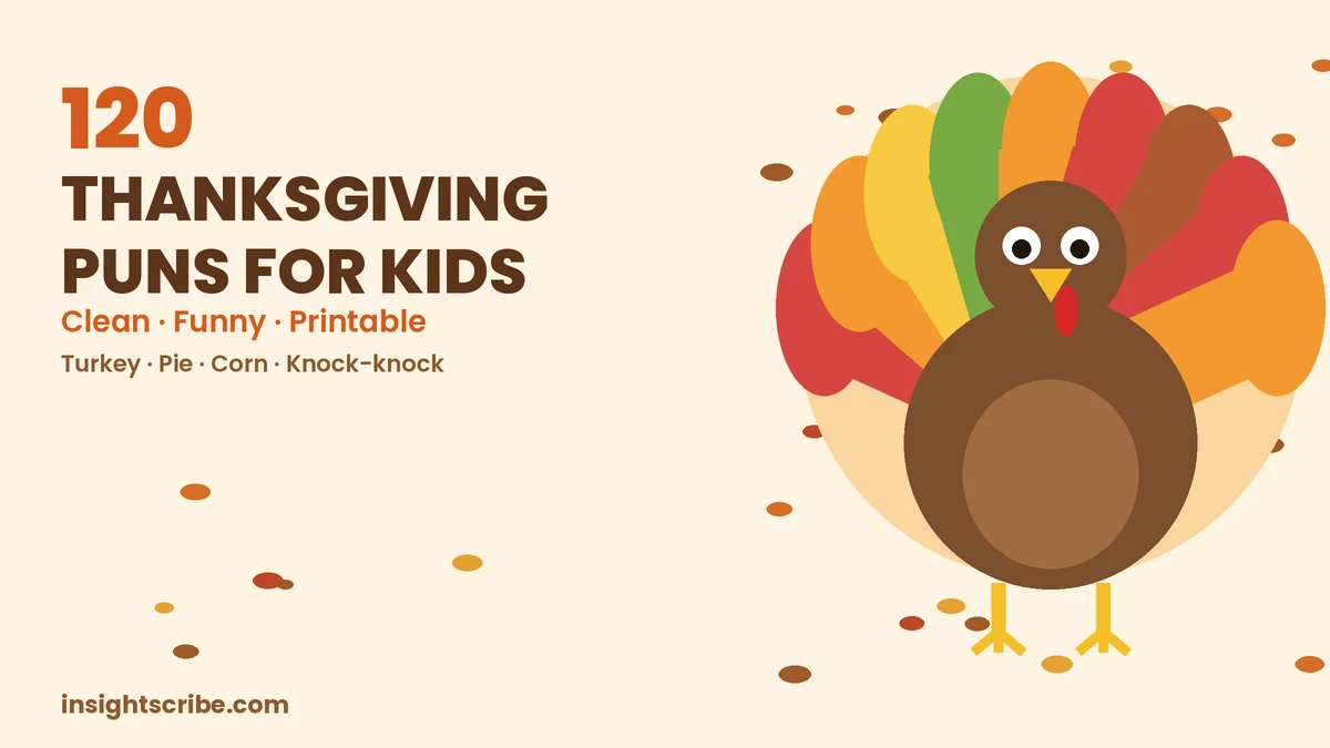 Cartoon turkey with a colorful tail fan on a cream background with autumn leaves, title: 120 Thanksgiving Puns for Kids